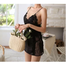 V-Neck Sexy Lingerie with Floral Lace Black