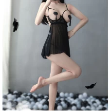 Cupless Strappy Chemise Babydoll Nightwear Dress Black