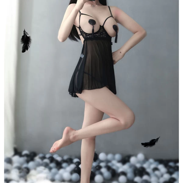 Cupless Strappy Chemise Babydoll Nightwear Dress Black