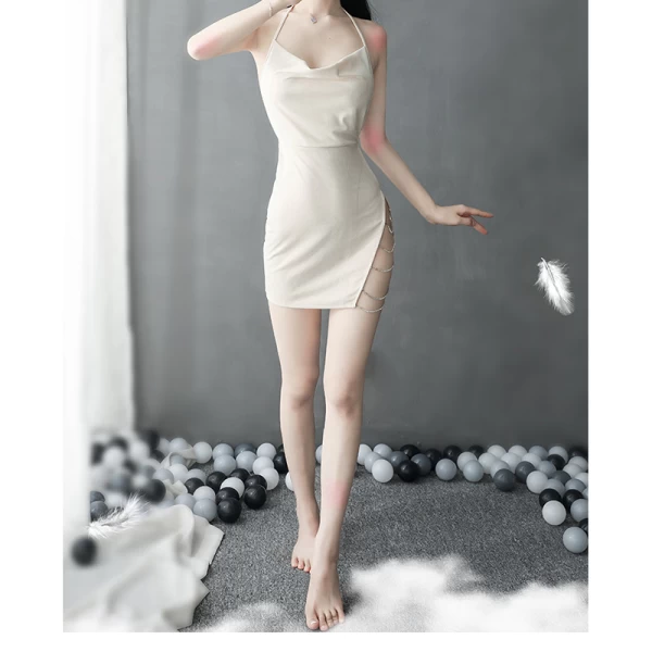 Women Sexy Lace Halter Slit Nightdress White