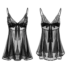 Women Lingerie Babydoll Nightgown Mesh Chemise Black