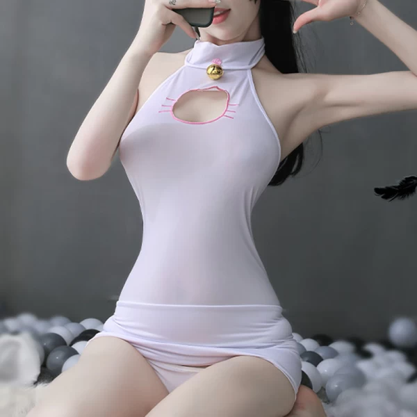 Sexy Cat Girls Sheer Mesh Babydoll Tight Dress White