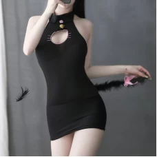 Sexy Cat Girls Sheer Mesh Babydoll Tight Dress Black