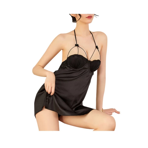 Halter Neck Hollow Out Sexy See Through Lingerie Black