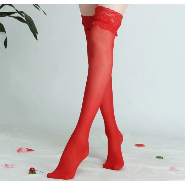 Women's Sheer Thigh-High Stockings WIth Lace Edge Red