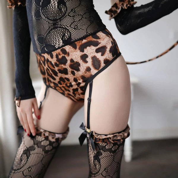 Sexy Lace Teddy Chemise Leopard Bodysuit 4pcs Set