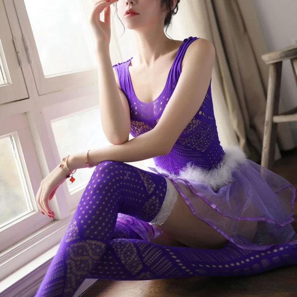 Tulle Bodystocking Cute Princess Dress with Stockings Purple