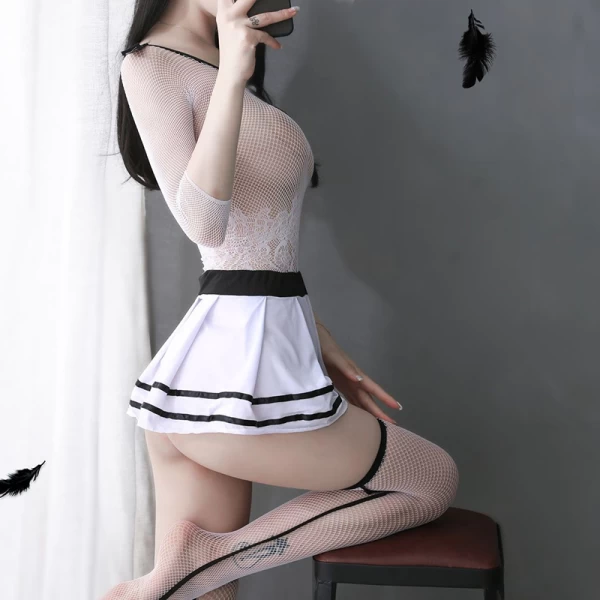 Sexy Hollow Out Lingerie Dress with Sleeve and Stockings