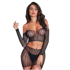 Sexy Off Shoulder Crop Top and Skirt Mesh Lingerie Set