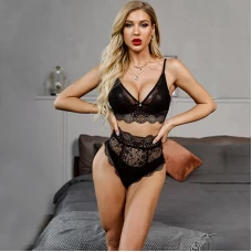 Two Piece Lace Bra and Panty Sexy Lingerie Set Black