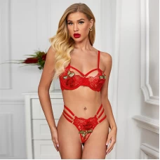 Harness Strap Sexy Bralette Set 2 Piece Lace Babydoll Red