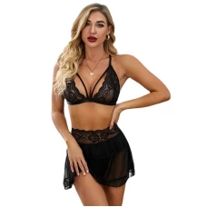 Lace Bralette with Mini Skirt Teddy Lingerie Set Black