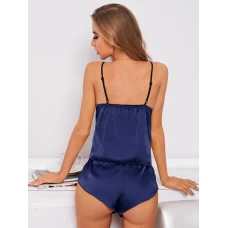 Women's Lace Trim Satin Cami and Shorts Pajama Set Blue