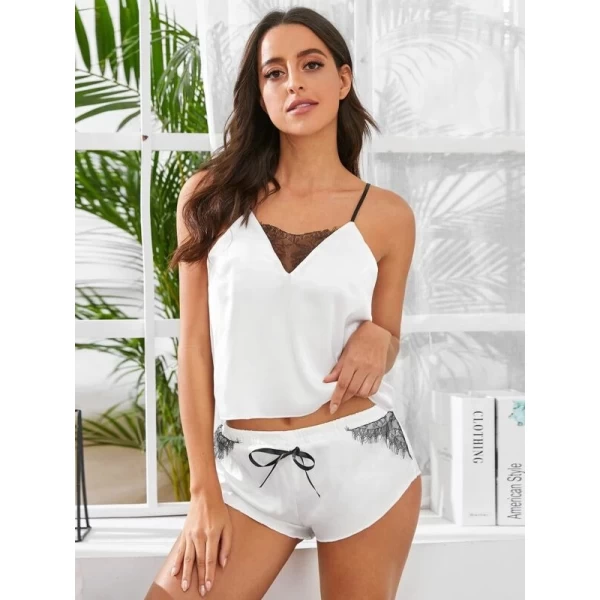 Women's Lace Trim Satin Cami and Shorts Pajama Set White