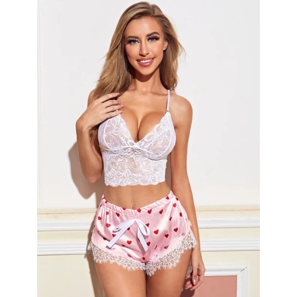 Lace Cami Top with Shorts Sexy Lingerie Set Pink