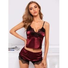 Sexy Pajama Set Lace Trim Bralette and Short Set Burgundy