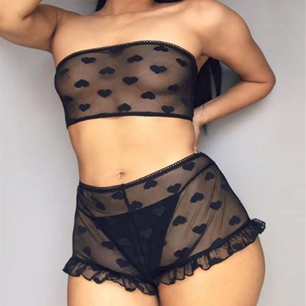 Off Shoulder Sheer Mesh Bra and Short Set Black