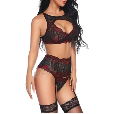 Lingerie Set with Garter Belts Bra and Panty Hot Burgundy