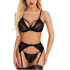 Women's Sexy floral Lingerie Set With Galter Belt Black s186