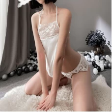 Open Crotch Lace Edge Lingerie With Halter Neck White