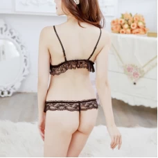 Black Eyelash Lace Set, Women's Sexy Cut Out Lingerie