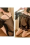 Sheer Mesh Chemise Off Shoulder Lingerie Set Black