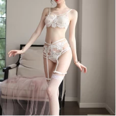 Three-point Sexy Floral Lace Lingerie Set White