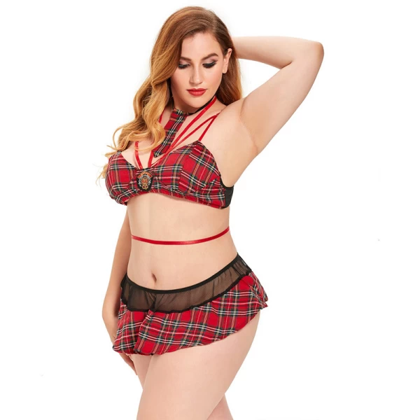 Sexy Lingerie Set Cosplay Top and Plaid Skirt Outfit