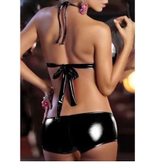 Women's Patent Leather Metallic Lingerie Bikini G-String Set Swimsuit Black