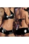 Women's Patent Leather Metallic Lingerie Bikini G-String Set Swimsuit Black