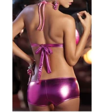 Women's Patent Leather Metallic Lingerie Bikini G-String Set Swimsuit Hot Pink