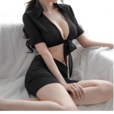 Sexy Cardigan Short Skirts Secretary Role Playing Suits Black