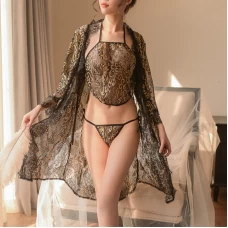 Lace Kimono Robe Babydoll Lingerie Eyelash Set Black