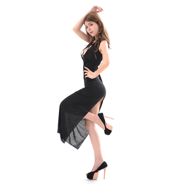 Sexy Long Gown Lingerie Side Slit Sheer Dress Black