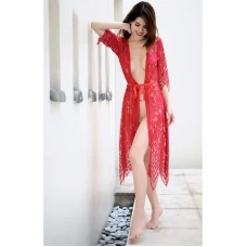 Lace Kimono Robe Long Gown Mesh Chemise Red