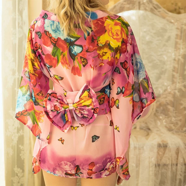 Printed Chiffon Sheer Kimono Robe Sexy Nightgown