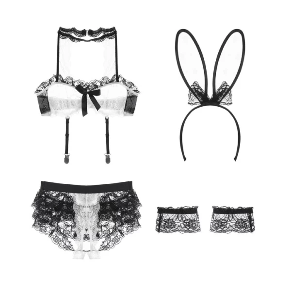 Sexy Bunny Costume Set Lace Naughty Nightclub Black