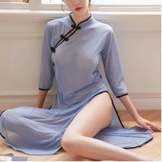 Womens Sexy Cheongsam Lingerie Dress High Split Nightgown