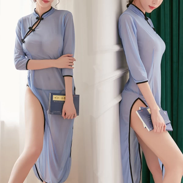 Womens Sexy Cheongsam Lingerie Dress High Split Nightgown