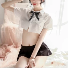 Sexy See-Through White Shirt Collar Rope Bow tie Uniform Pleated Skirt Suit