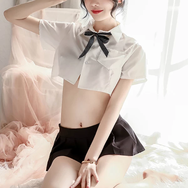 Sexy See-Through White Shirt Collar Rope Bow tie Uniform Pleated Skirt Suit