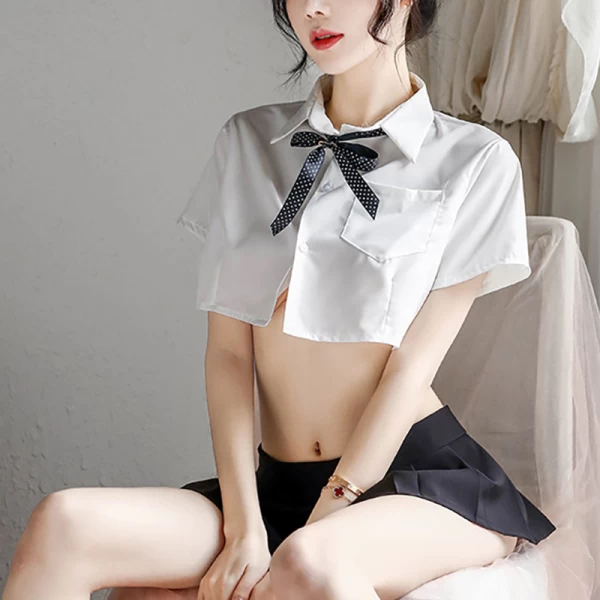 Sexy See-Through White Shirt Collar Rope Bow tie Uniform Pleated Skirt Suit