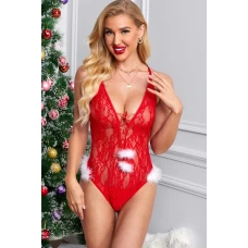 Women's Red Perspective Floral Lace-up Deep V Neck Christmas Teddy