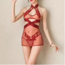 Open Crotch Halter Neck See Through Lingerie Red