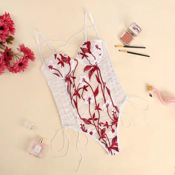 Floral Embroidered Sheer Mesh Lingerie Teddy Bodysuit Red