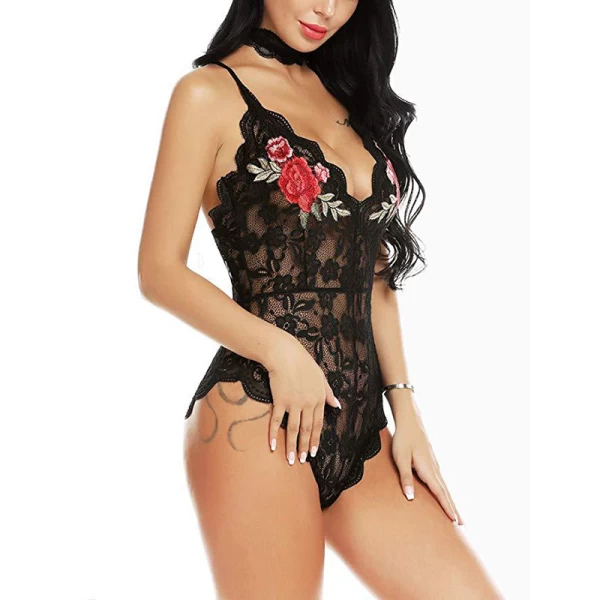 Sexy Lingerie Lace Edge Halter Deep V Bodysuit Black