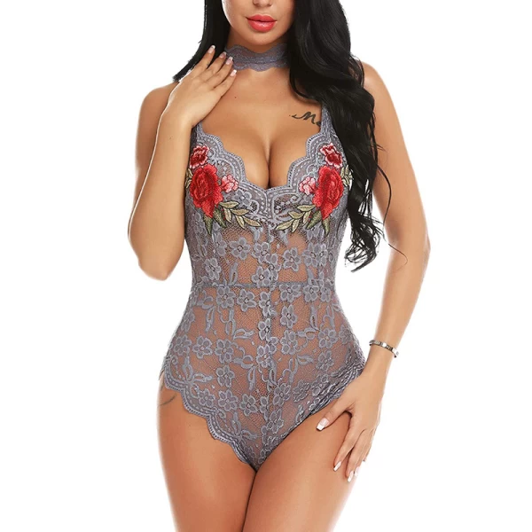 Sexy Lingerie Lace Edge Halter Deep V Bodysuit Grey