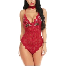 Sexy Lingerie Lace Edge Halter Deep V Bodysuit Red