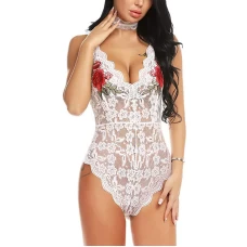 Sexy Lingerie Lace Edge Halter Deep V Bodysuit White