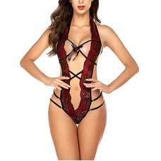 Sexy Bodysuit Deep V Lingerie With Bow Red